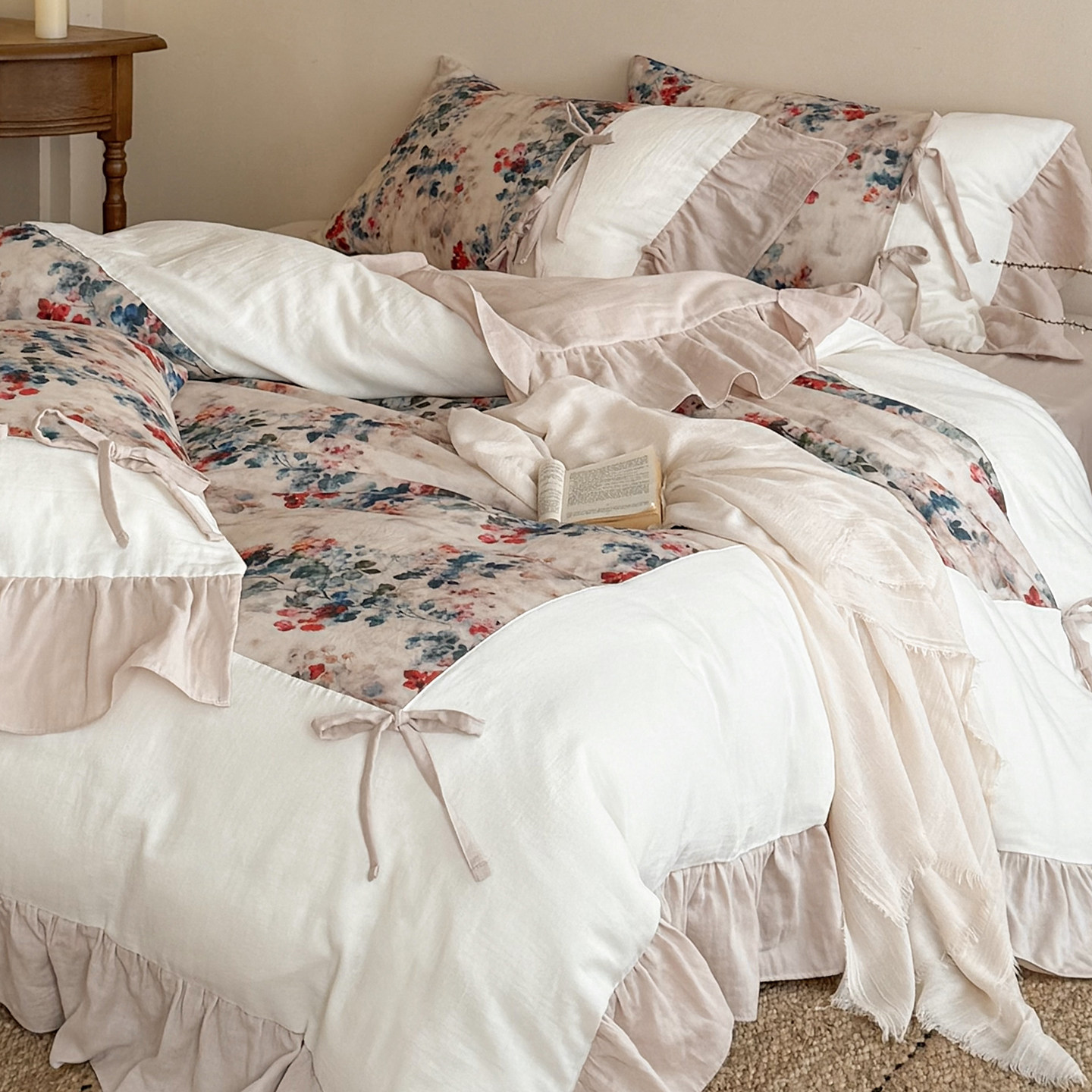 法式复古印花全棉双层纱床上四件套纯棉被套田园公主风高级感床品