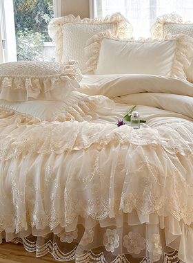 法式少女全棉床盖款长绒棉四件套重工蕾丝雪纺花边被套公主风床品