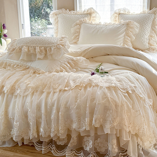 法式 长绒棉四件套重工蕾丝雪纺花边被套公主风床品 少女全棉床盖款