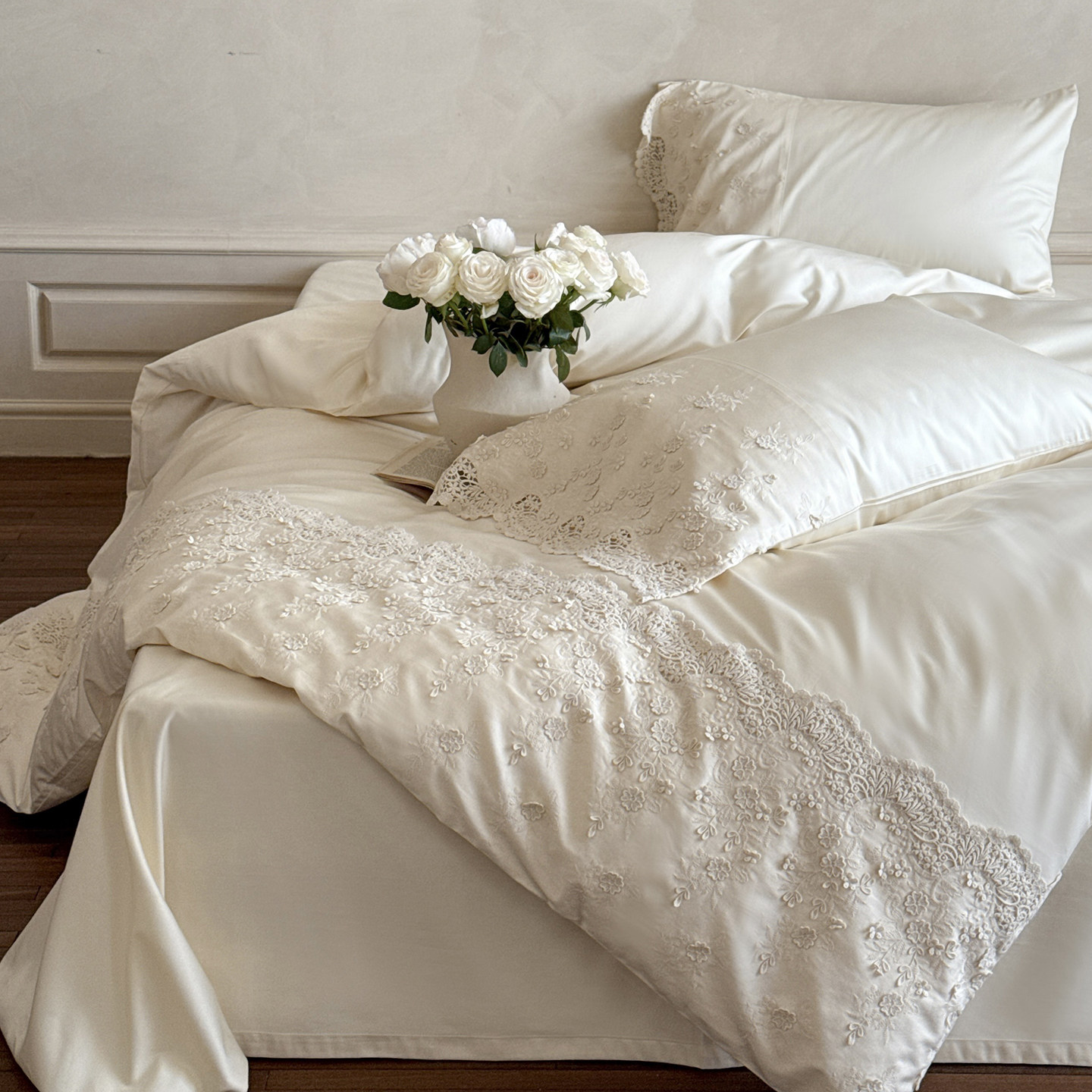 法式少女奶油风纯棉长绒棉四件套立体刺绣蕾丝被套公主风轻奢床品