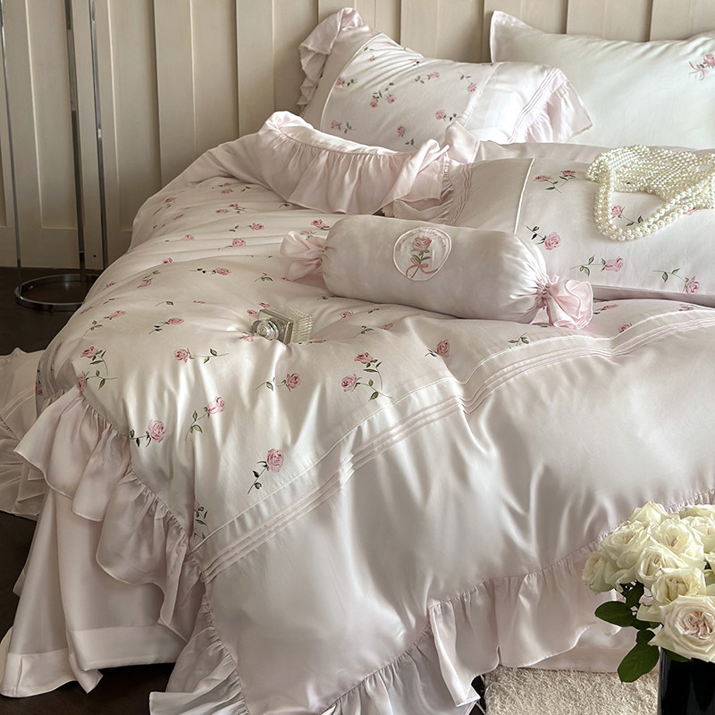 法式田园花卉超柔天丝棉四件套数码印花公主复古蕾丝花边被套床单