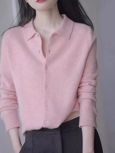 花纱粉翻领针织衫毛衣纯羊毛开衫