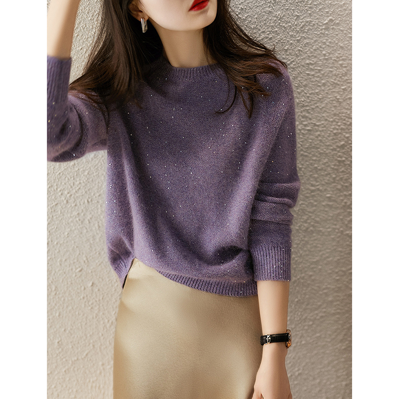 纯羊绒套头圆领亮片打底衫针织衫