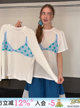 UnsocialNight秋季原创创印花比基尼波点防晒休闲长短袖T恤女微透