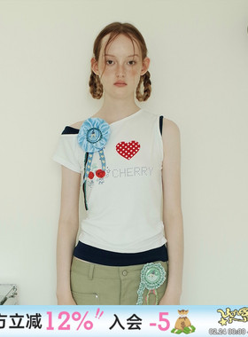 UnsocialNight夏季斜肩无袖可爱樱桃爱心印花假两件T恤上衣女