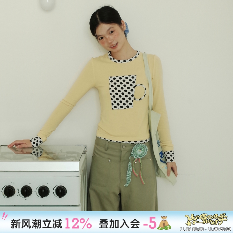 UnsocialNight波点拼接打底T恤