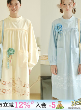 UnsocialNight2025秋季原创双色印花宽松套头长袖连衣裙少女风