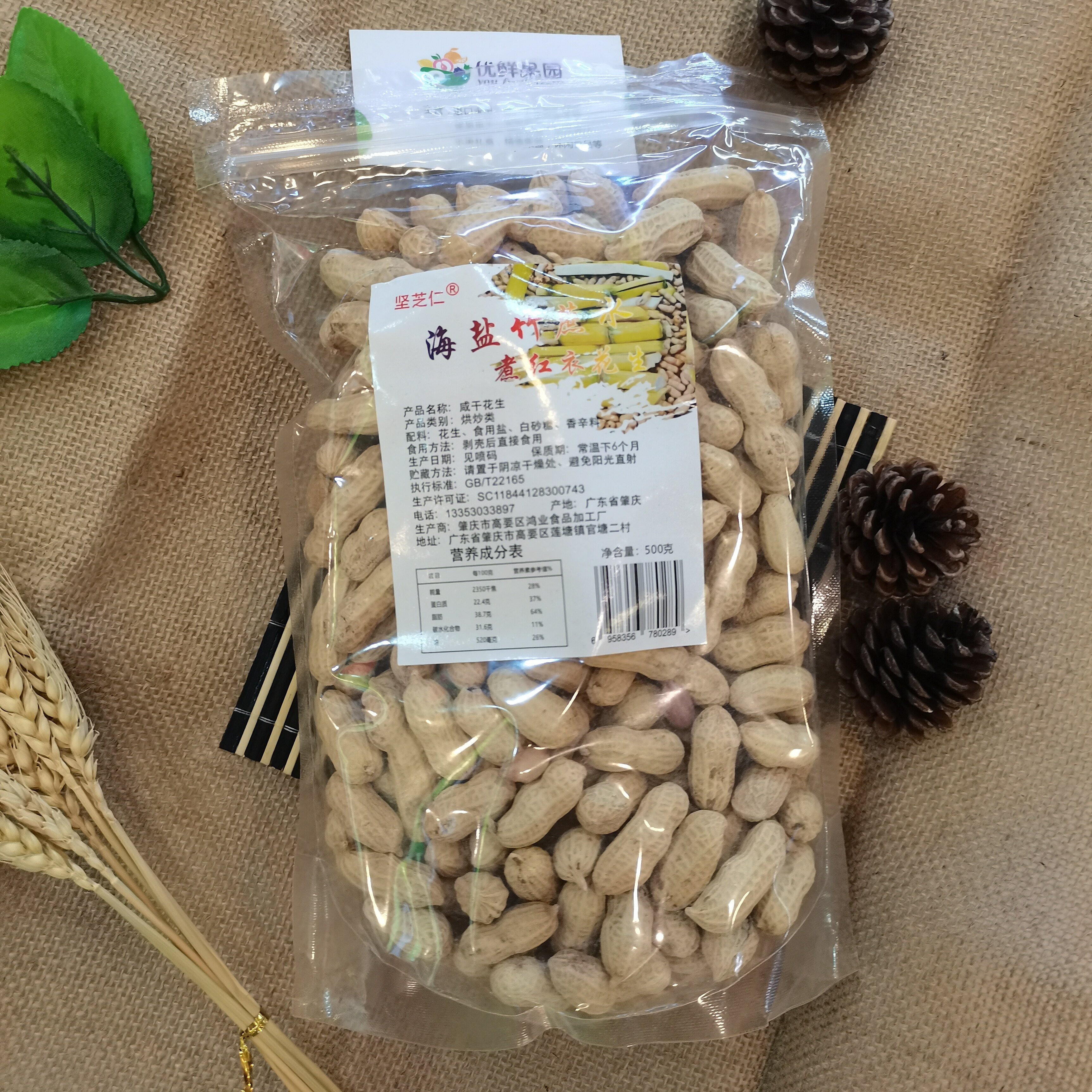 坚芝仁海盐珠豆竹蔗水煮红衣花生咸干味500g包邮休闲零食结婚花生