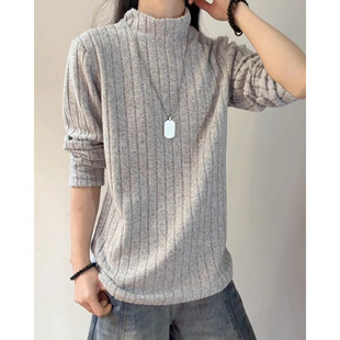 灰色立体条纹长袖t恤男女秋冬半高领加绒卫衣慵懒宽松内搭打底衫