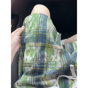 男款 子百搭休闲五分裤 夏季 裤 vintage美式 牛油果绿色扎染格子短裤