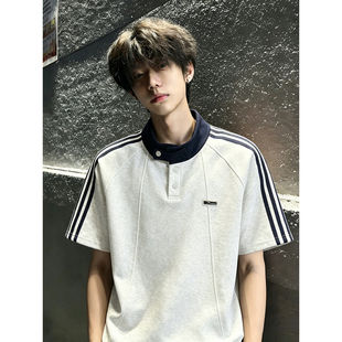 美式复古三条杠polo衫短袖男女夏季学院风亨利领T恤少年感五分袖