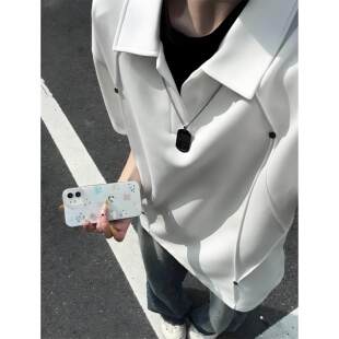 白色美式假两件短袖polo衫男款夏季高级感铆钉t恤翻领设计感半袖