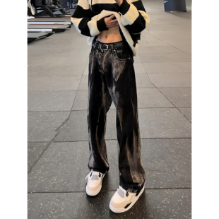 黑色扎染牛仔裤春秋男款潮牌痞帅炸街微喇裤美式drill直筒弯刀裤