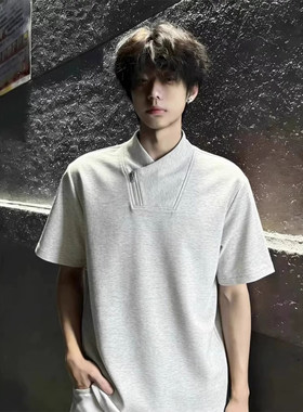 灰色美式斜拉链立领t恤男款夏季设计感小众boxy短袖正肩痞帅半袖