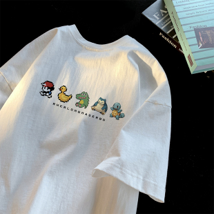 潮牌简约宽松纯棉衣服潮流百搭重磅半袖 像素风卡通短袖 t恤男夏季