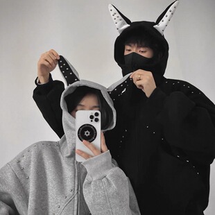 美式铆钉杜宾犬耳朵连帽卫衣男女秋冬宽松甜酷设计感短款开衫外套