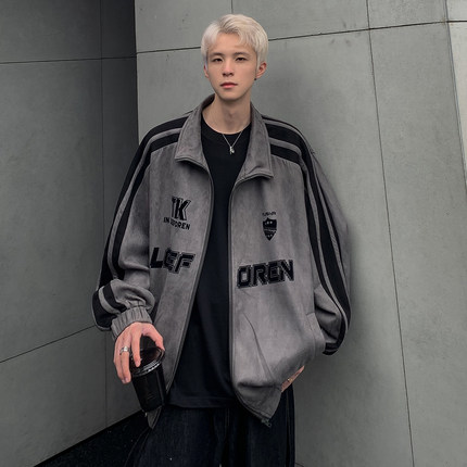 侧条纹棒球服男款2024秋冬季新款美式麂皮绒运动夹克高街痞帅外套