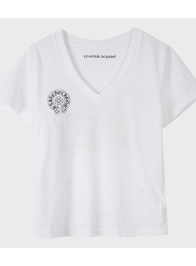 美式休闲风白色V领短袖T恤女宽松印花百搭高级感上衣