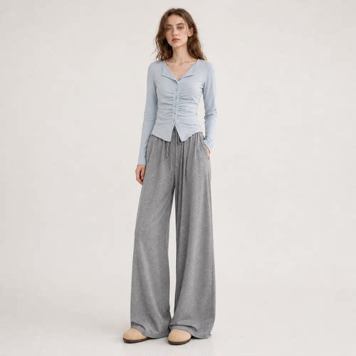 简约风灰色阔腿裤女春季新款抽绳高腰垂感慵懒直筒拖地裤休闲裤