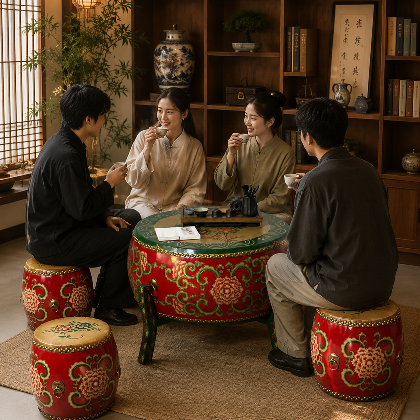 现代中式圆形小茶几实木牛皮彩绘做旧鼓桌小户型客厅组合圆台桌椅