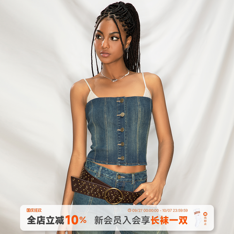 ABMY 蕾丝绮梦 复古水洗牛仔吊带背心女仿鱼骨蕾丝拼接设计感上衣