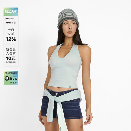 V领挂脖露背针织吊带背心带胸垫