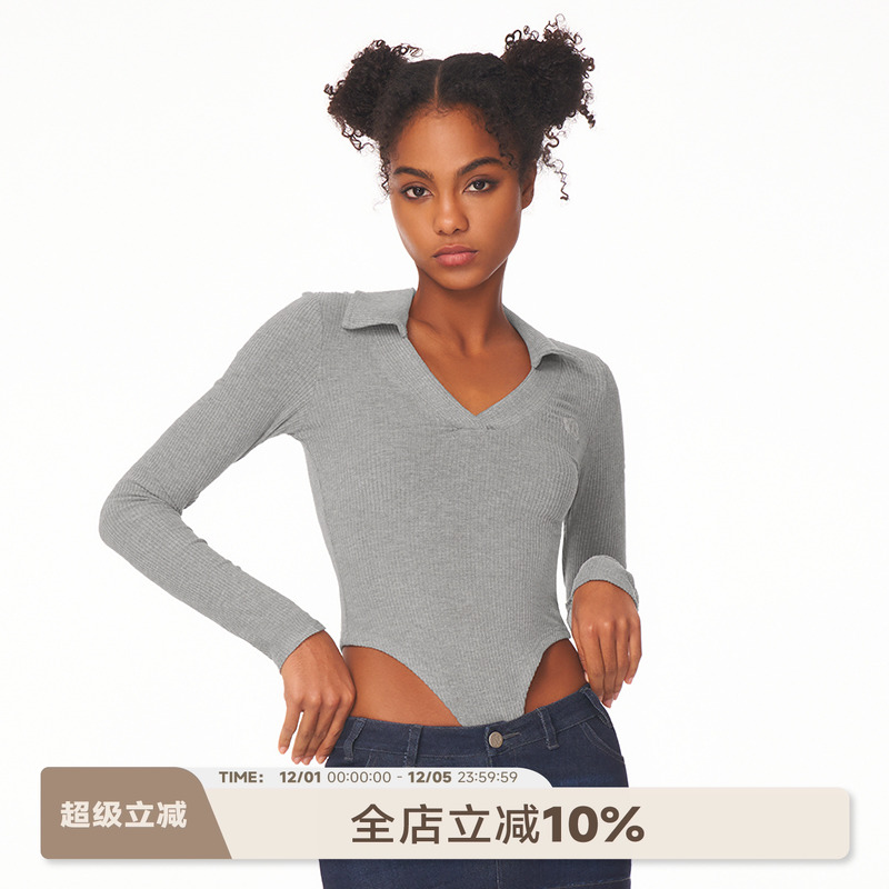 美式Polo领v领长袖连体衣修身