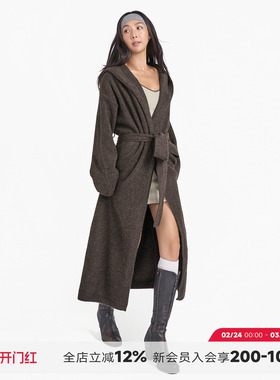 ABMY 第十四行诗 棕色连帽针织开衫女秋冬慵懒长款宽松毛衣外套