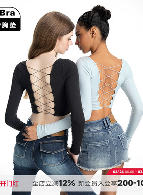 noBra by ABMY 辣妹露背绑带T恤秋冬带胸垫双层厚款打底长袖上衣