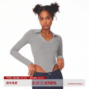 T恤女设计感修身 辣妹长袖 针织上衣百搭Polo领连体衣 美式 ABMY