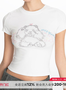 ABMY 美式辣妹熊猫印花正肩短袖T恤女高弹烫钻修身显瘦百搭上衣