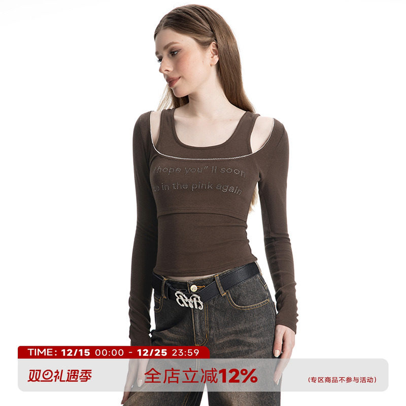 ABMY 致命魅力 假两件针织T恤女辣妹修身显瘦设计感长袖打底上衣