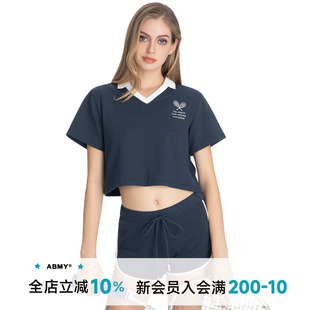 女休闲宽松少女感学院风网球印花T恤 ABMY 撞色V领短袖 POLO衫 夏季