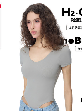 noBra by ABMY 轻氧系列裸感短袖V领露背连体衣修身显瘦纯色打底