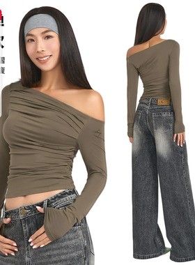 ABMY 美式辣妹褶皱斜肩长袖T恤女修身显瘦百搭设计感打底内搭上衣