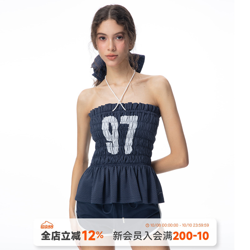 褶皱印花挂脖抹胸吊带