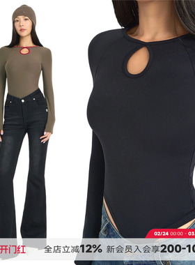 ABMY 镂空撞色修身连体衣女秋辣妹设计感高弹长袖T恤内搭外穿上衣