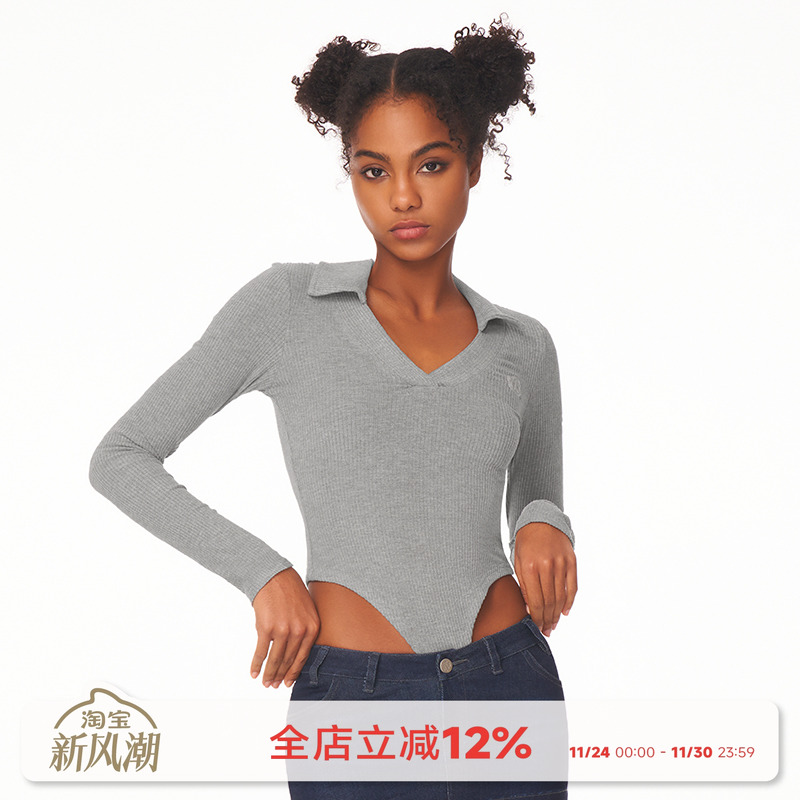 美式Polo领v领长袖连体衣修身