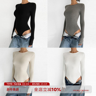 薄绒打底衫 ABMY 长袖 圆领修身 纯色内搭上衣 秋冬弹力针织连体衣女