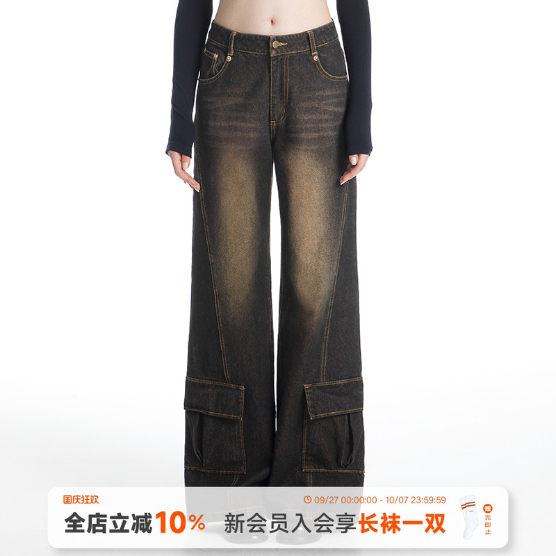 ABMY 怀旧先锋 复古做旧阔腿牛仔裤女宽松显瘦水洗直筒工装长裤