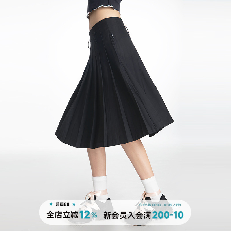 ABMY 低腰黑色西装百褶裙女春秋中长款廓形裙摆休闲百搭A字半身裙