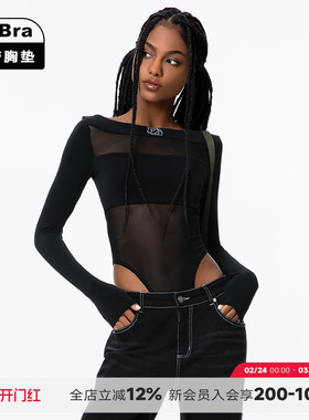 noBra by ABMY 美式复古连体衣女性感网纱镂空拼接长袖内搭打底衫