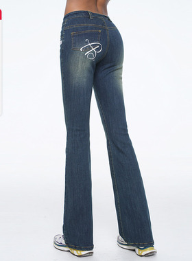 ABMY 90s先锋 加绒低腰牛仔裤女美式复古水洗弹力微喇裤修身长裤