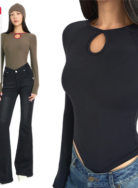 ABMY 镂空撞色修身连体衣女秋辣妹设计感高弹长袖T恤内搭外穿上衣