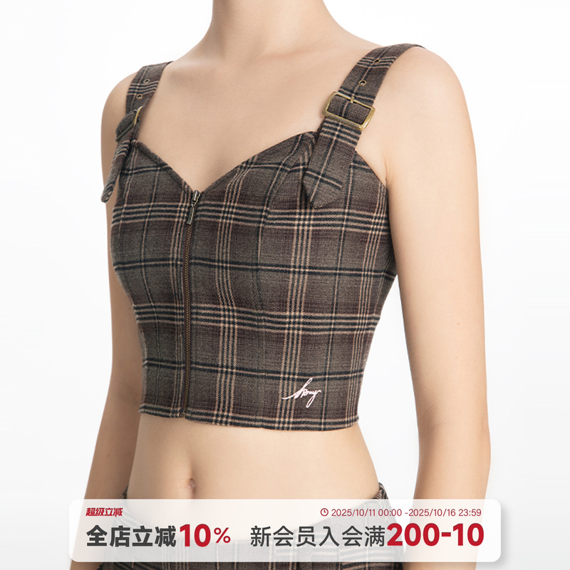 美式格纹磨毛背心吊带女