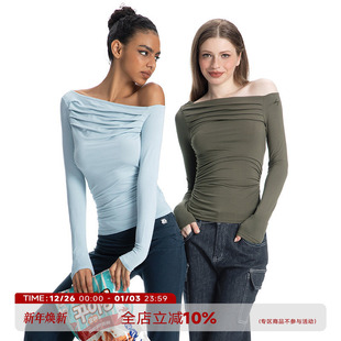 褶皱斜肩T恤修身 美式 显瘦设计感百搭打底上衣 休闲纸片人 ABMY