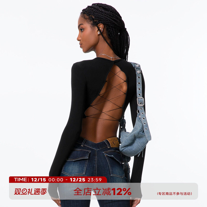 后背绑带露背针织T恤辣妹带胸垫