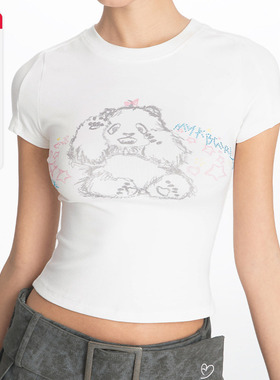 ABMY 美式辣妹熊猫印花正肩短袖T恤女高弹烫钻修身显瘦百搭上衣