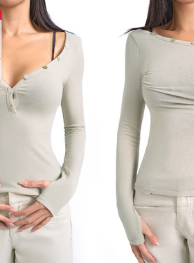 ABMY 两穿V领高弹辣妹薄款长袖T恤女春贝壳扣针织修身插口袖上衣