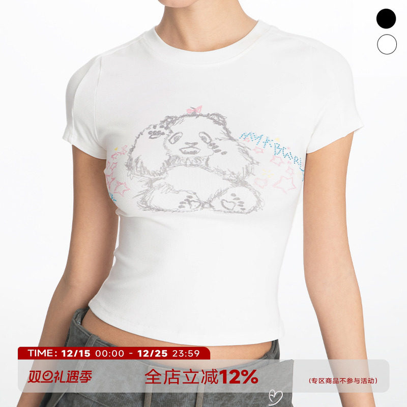 美式辣妹熊猫印花正肩短袖T恤